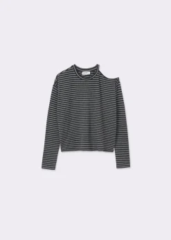 Camiseta cut-out hombro raya tejida*Brownie Hot