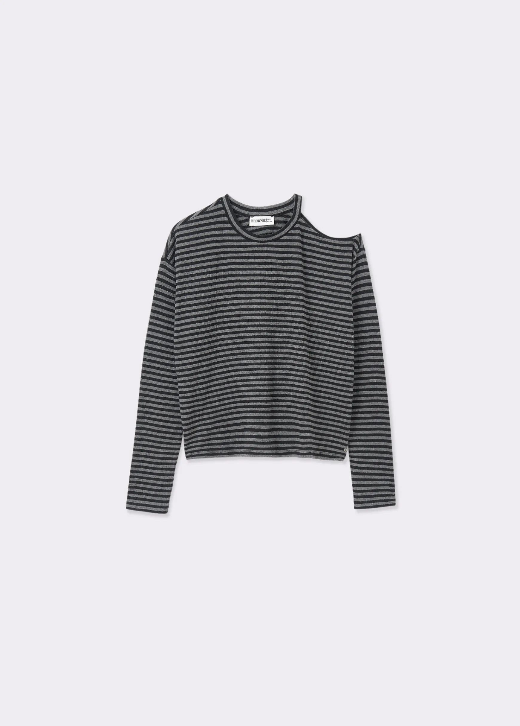 Camiseta cut-out hombro raya tejida*Brownie Hot